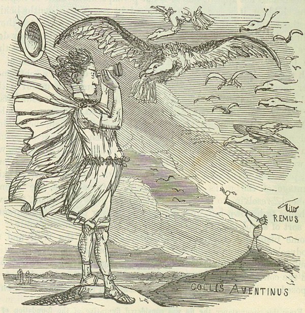 Romolo consulta gli auguri. Comic History of Rome, John Leech (1850).