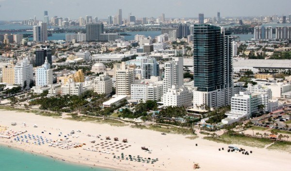 Southern portion of Miami Beach with downtown Miami in background.