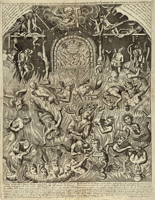 Loosely translated, The Horrid Spectacle of Divine Justice. Horrendous indeed: bodies are being tortured in a variety of ways by demons and by machines. Objects and creatures flood the scene, some are familiar, like swords, cauldrons and bellows; others, such as the snake-like dragon twisted around the neck of the lady at the center of the engraving, not so much. (Remondini, Spettacolo Horrendo della Divina Giustitia, 17th c., University of Texas Austin)